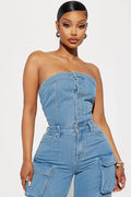 Sexy Bandeau Cold-Shoulder Sleeveless Fashion Solid Color Jumpsuit