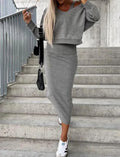 V-Neck Hooded Top & Long Dress Mid-Calf Outfit Two Piece Dresses