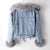 New Women Faux Fox Fur Collar Jean Coat (Rabbit Fur)