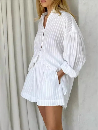 Stripe Puff Sleeves Short Set