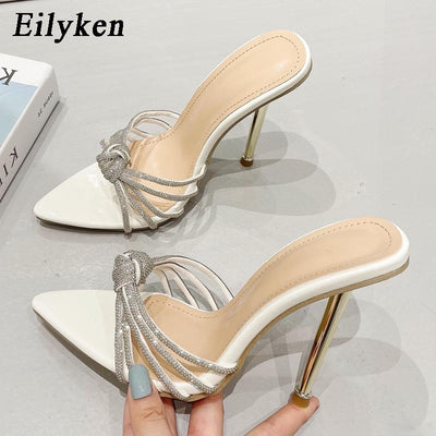 Eilyken Sexy High Heels Slipper For Women Summer Fashion CRYSTAL Narrow Band Pointed Toe Slides Stripper Party Sandal Mule Shoes