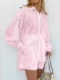 Stripe Puff Sleeves Short Set