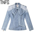 Women Retro Denim Blouse With Bow