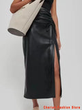 Women Faux Leather Slit Pencil Skirt