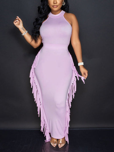 Women Sleeveless Bodycon Midi Dress Tassels Sexy Party Dress