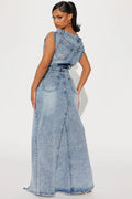 Two Pieces Denim Skirt Set Sexy Women Vintage Jeans Casual Outfit Top+Split Skirt