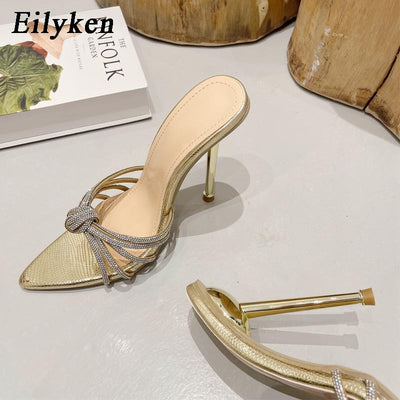 Eilyken Sexy High Heels Slipper For Women Summer Fashion CRYSTAL Narrow Band Pointed Toe Slides Stripper Party Sandal Mule Shoes