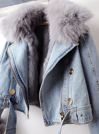 New Women Faux Fox Fur Collar Jean Coat (Rabbit Fur)