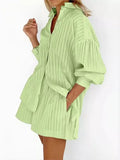 Stripe Puff Sleeves Short Set