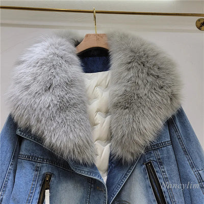 Oversized Detachable Denim Fox Fur Coat