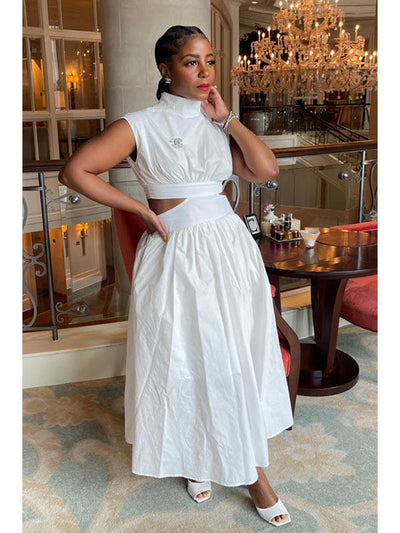 Mock Neck Sleeveless Cutout White Maxi Dress