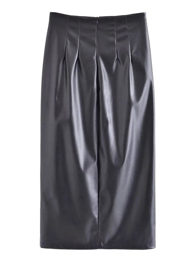 Women Faux Leather Slit Pencil Skirt