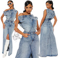 Two Pieces Denim Skirt Set Sexy Women Vintage Jeans Casual Outfit Top+Split Skirt