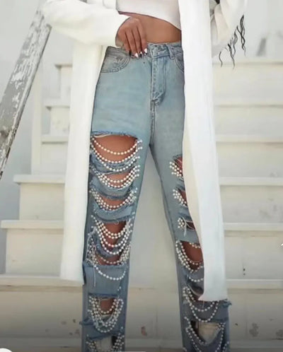 Distressed Pearls Diamond Rhinstones Denim Pants