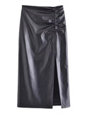 Women Faux Leather Slit Pencil Skirt