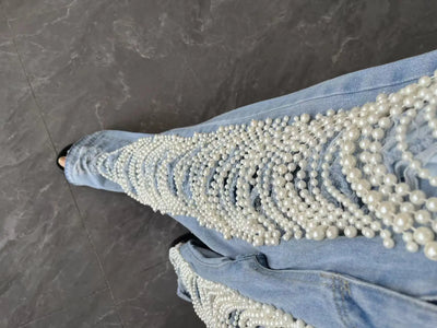 Distressed Pearls Diamond Rhinstones Denim Pants