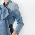 Women Retro Denim Blouse With Bow