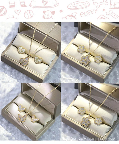 Clover Necklace Earrings Jewelry Sets with Stone New 18K Gold Plated