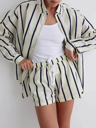 Long Sleeve Casual Stripe Short Set