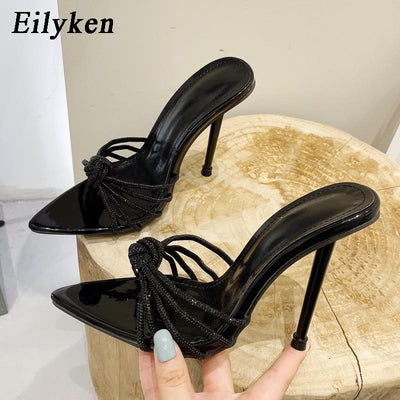 Eilyken Sexy High Heels Slipper For Women Summer Fashion CRYSTAL Narrow Band Pointed Toe Slides Stripper Party Sandal Mule Shoes