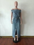 Two Pieces Denim Skirt Set Sexy Women Vintage Jeans Casual Outfit Top+Split Skirt