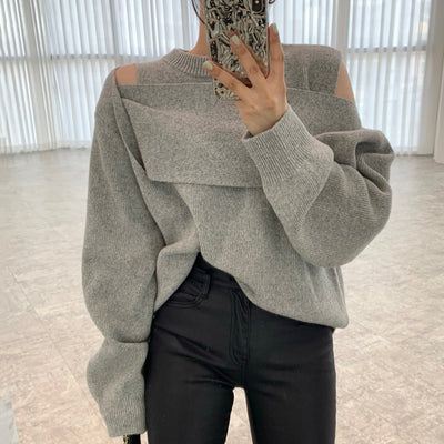 Layered Hollow Out Shoulder Stitching Design Sweater Women - Shoe Candy Shop