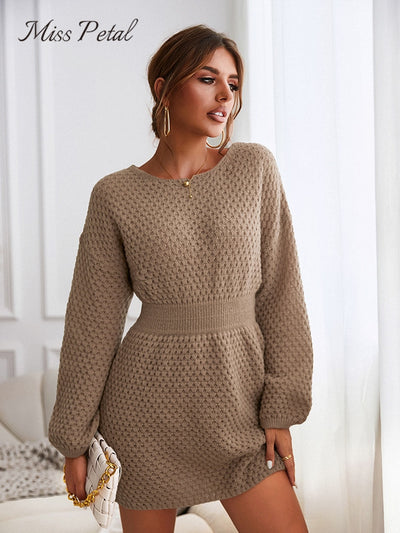 MISS PETAL Honeycomb Knit Brown Sweater Dress Woman Casual Long Sleeve Long Sweater Dress 2022 Autumn Winter Pullovers Outerwear - Shoe Candy Shop