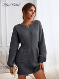 MISS PETAL Honeycomb Knit Brown Sweater Dress Woman Casual Long Sleeve Long Sweater Dress 2022 Autumn Winter Pullovers Outerwear - Shoe Candy Shop