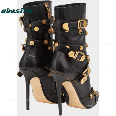 Rivet Gladiator Belt Buckle Boots Pointed Toe Stiletto Heels Mid Calf Boots Winter Luxury 2022 New Designer Sexy Shoes Party - Shoe Candy Shop