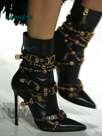 Rivet Gladiator Belt Buckle Boots Pointed Toe Stiletto Heels Mid Calf Boots Winter Luxury 2022 New Designer Sexy Shoes Party - Shoe Candy Shop