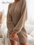 MISS PETAL Honeycomb Knit Brown Sweater Dress Woman Casual Long Sleeve Long Sweater Dress 2022 Autumn Winter Pullovers Outerwear - Shoe Candy Shop