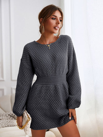 MISS PETAL Honeycomb Knit Brown Sweater Dress Woman Casual Long Sleeve Long Sweater Dress 2022 Autumn Winter Pullovers Outerwear - Shoe Candy Shop