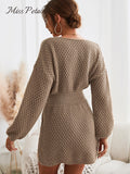 MISS PETAL Honeycomb Knit Brown Sweater Dress Woman Casual Long Sleeve Long Sweater Dress 2022 Autumn Winter Pullovers Outerwear - Shoe Candy Shop