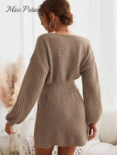 MISS PETAL Honeycomb Knit Brown Sweater Dress Woman Casual Long Sleeve Long Sweater Dress 2022 Autumn Winter Pullovers Outerwear - Shoe Candy Shop