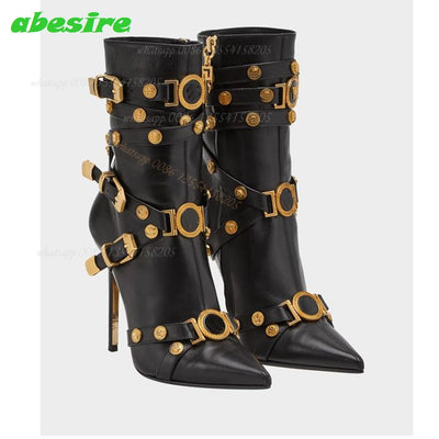 Rivet Gladiator Belt Buckle Boots Pointed Toe Stiletto Heels Mid Calf Boots Winter Luxury 2022 New Designer Sexy Shoes Party - Shoe Candy Shop