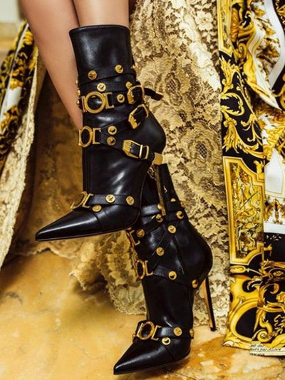 Rivet Gladiator Belt Buckle Boots Pointed Toe Stiletto Heels Mid Calf Boots Winter Luxury 2022 New Designer Sexy Shoes Party - Shoe Candy Shop