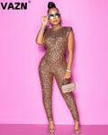 VAZN Hot Sale Sexy O-neck  Sequins Glitter Office Lady Women Sleeveless Banquet Party Beach Jumpsuits Full Pant Bandage Rompers - Shoe Candy Shop