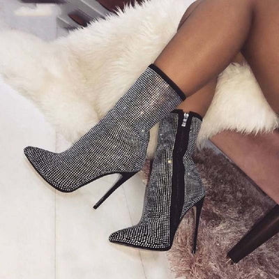 Women Glitter Crystal Boots Party Sexy Super High Heels Woman Fashion Pointed Toe Ankle Boots Ladies Zip Pumps Big Size Shoes - Shoe Candy Shop