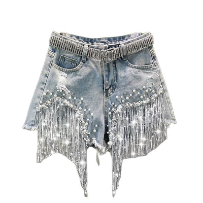 Tassel Beading High Waist Denim Shorts - Shoe Candy Shop