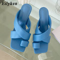 Eilyken High Quality Soft PU Leather Clip Toe  Women Slippers Summer Square Toe Sandals Stiletto Heels Ladies Dress Shoes - Shoe Candy Shop