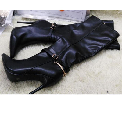 Women High Quality Black PU Leather Pointed Toe Sequined Knee High Boots Zipper-up Long Thin High Heel Boots Real Pictures - Shoe Candy Shop