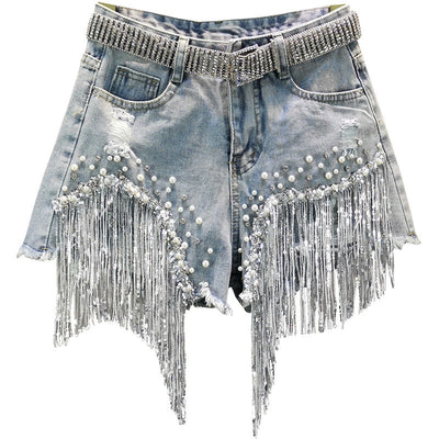 Tassel Beading High Waist Denim Shorts - Shoe Candy Shop