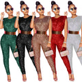 VAZN Hot Sale Sexy O-neck  Sequins Glitter Office Lady Women Sleeveless Banquet Party Beach Jumpsuits Full Pant Bandage Rompers - Shoe Candy Shop