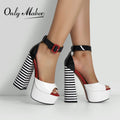 Onlymaker Women&#39;s Sandals Platform Peep Toe Chunky Square Heels Ankle Strap Sandals Black And White Stripes Party Fashion Shoes - Shoe Candy Shop