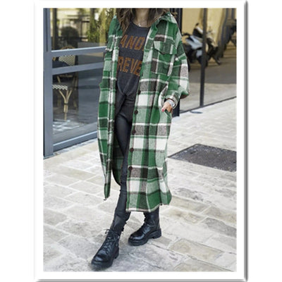 Women&#39;s Fashion Long Plaid Coat Autumn Shirt Coat Woolen Coat Streetwear Women Clothing Loose Coat Female Casual Jacket - Shoe Candy Shop