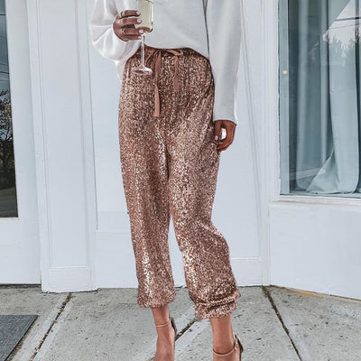 Gold Sequin Shiny Wide Leg Pants - Shoe Candy Shop