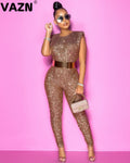 VAZN Hot Sale Sexy O-neck  Sequins Glitter Office Lady Women Sleeveless Banquet Party Beach Jumpsuits Full Pant Bandage Rompers - Shoe Candy Shop