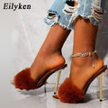 Fur Strappy Mule Heels - Shoe Candy Shop