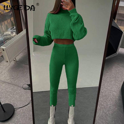 Turtleneck Cropped Knitted Women&#39;s Suit Sexy Long Sleeve High Waist Set Woman 2 Pieces 2022 Winter Lady Knit Streetwear Sets - Shoe Candy Shop
