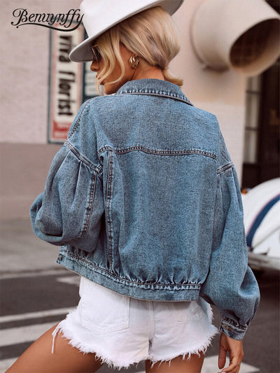 Lantern Sleeve Denim Jacket - Shoe Candy Shop